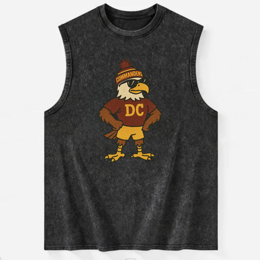 DC Eagle wearing Commanders burgundy and gold beanie with pom pom and - Vintage Washed Tank - Black