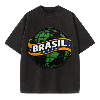 BRAZILIAN FLAG GLOBE - green globe with banner in green yellow blue , Brasil - Vintage T-shirt - Black