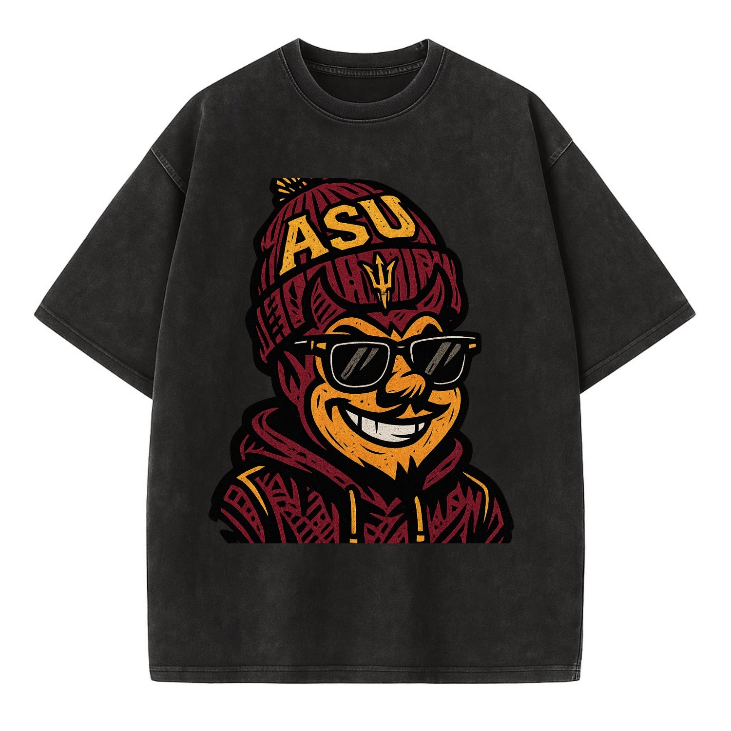 Tempe Sparky wearing Arizona State beanie with fork patch - Vintage T-shirt - Black