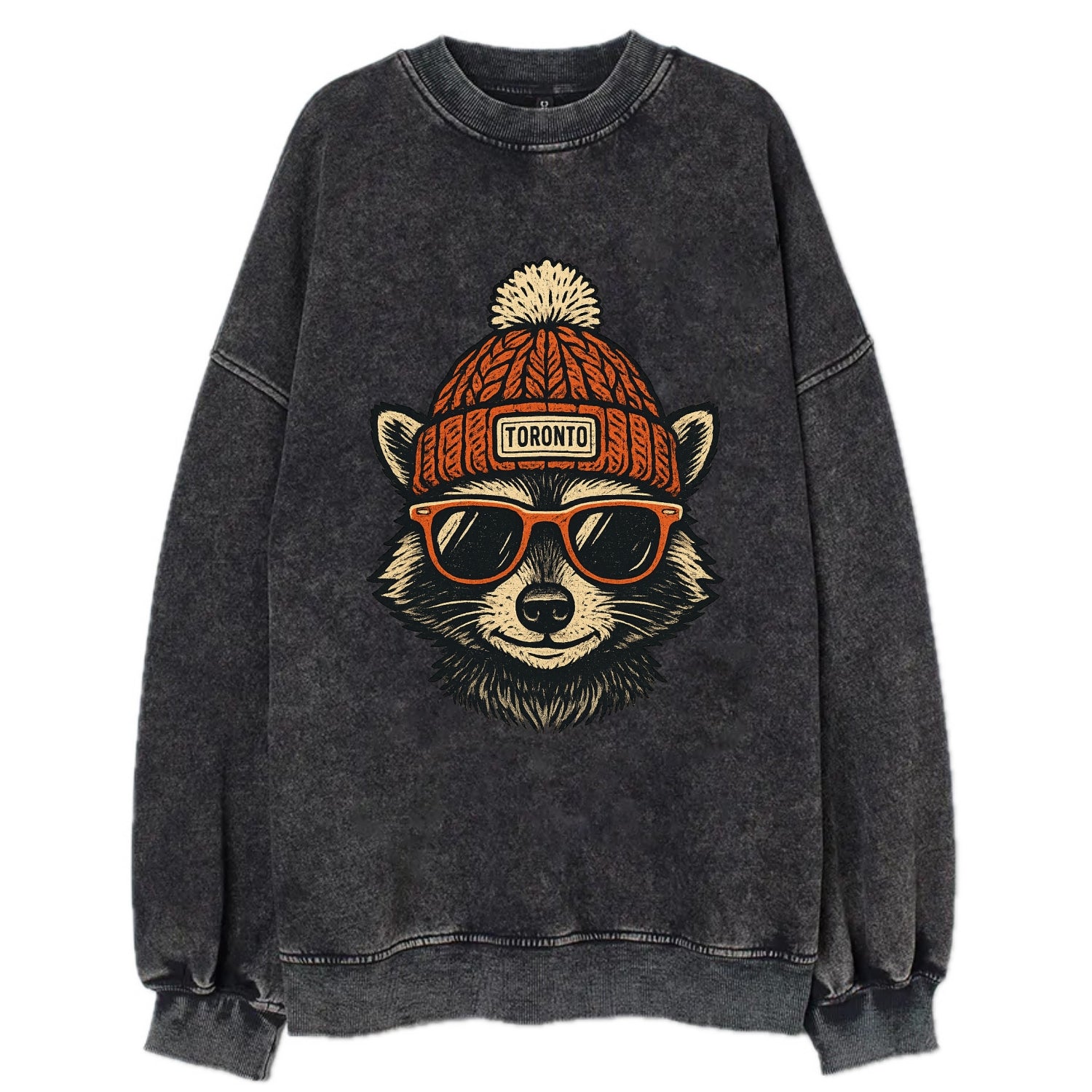 Toronto Raccoon wearing Toronto beanie with pom pom and wayfarer sunglasses - Vintage Sweatshirt - Black
