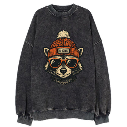 Toronto Raccoon wearing Toronto beanie with pom pom and wayfarer sunglasses - Vintage Sweatshirt - Black