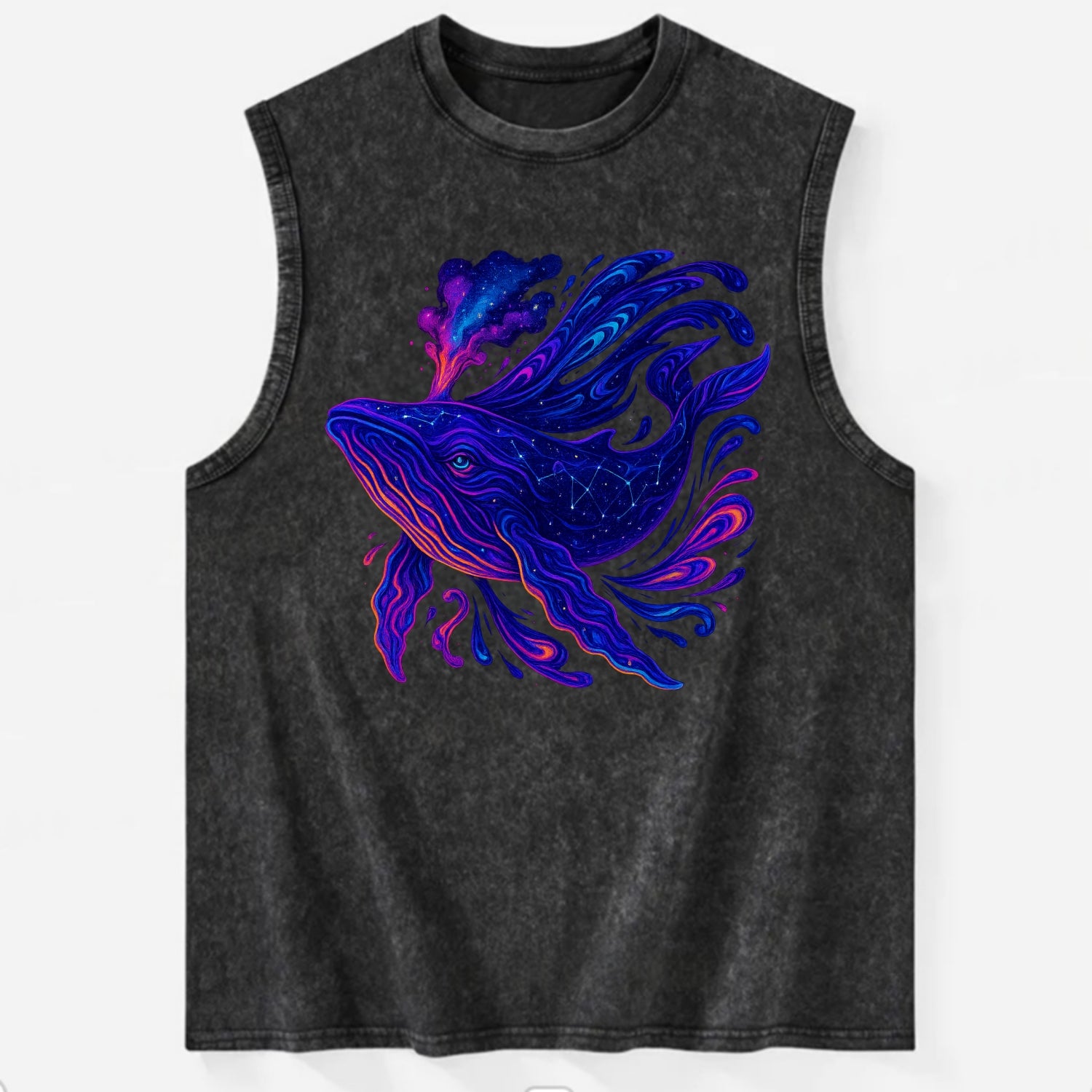 Majestic whale with body composed of galaxy clusters, stellar fins flowing - Vintage Washed Tank - Black