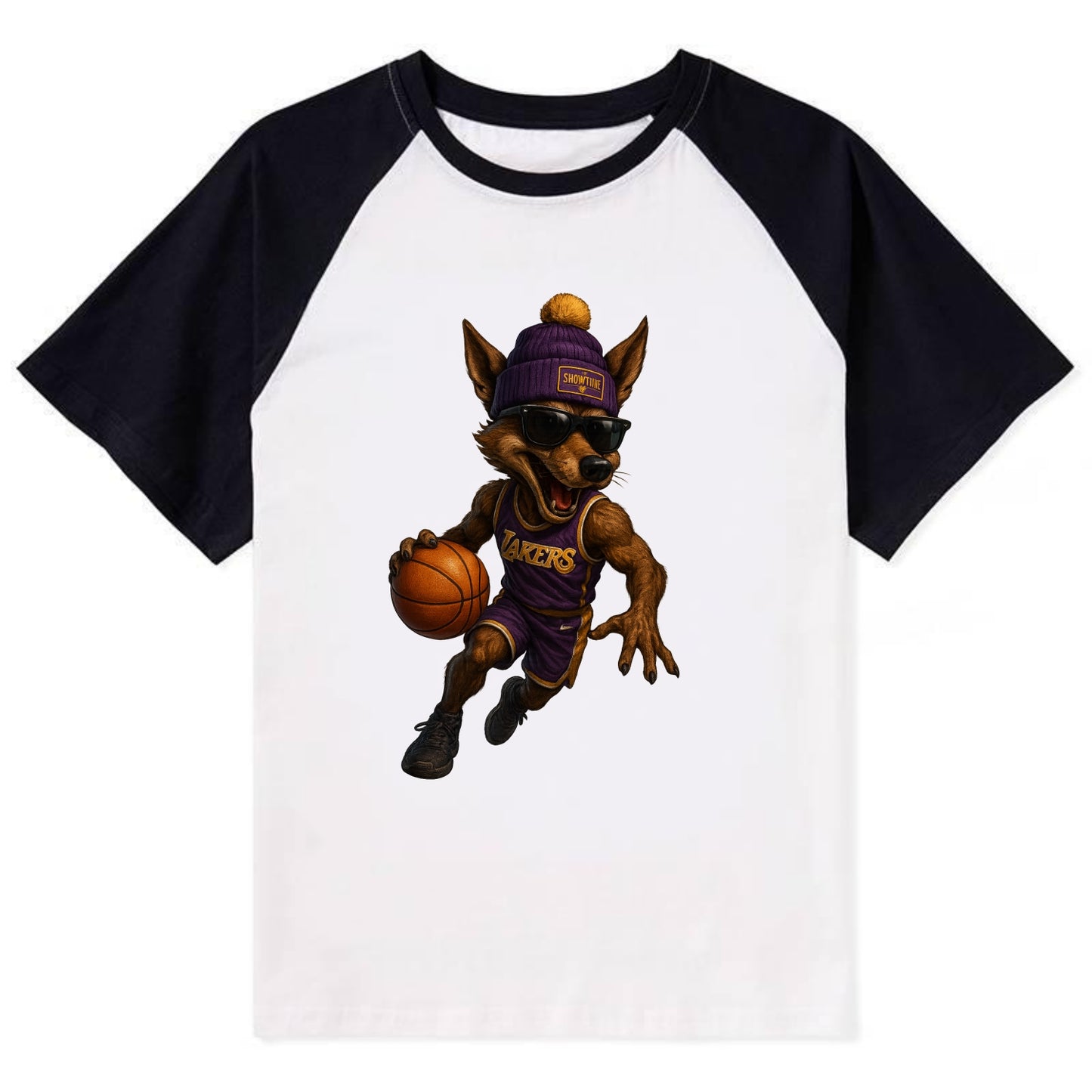 Hollywood Coyote wearing Lakers beanie with Showtime patch and wayfarer - Contrast Raglan T-shirt - Black