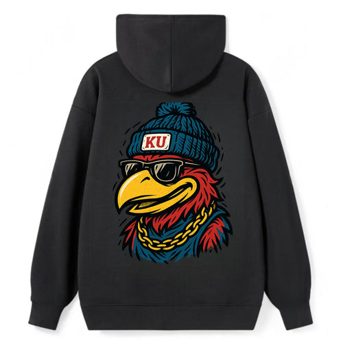 Lawrence Jayhawk wearing Kansas beanie with KU patch - Classic Pullover Hoodie