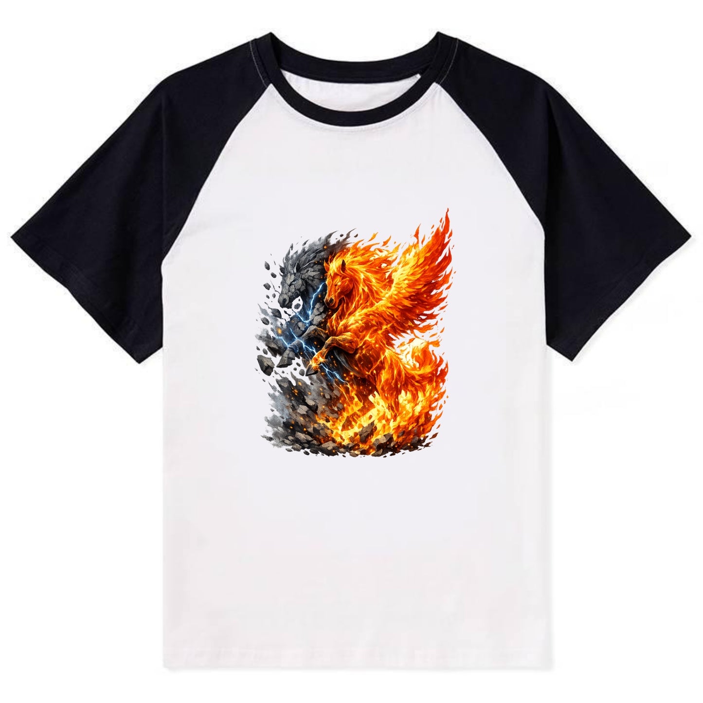 THUNDER FIRE | Horse combining lightning and flame | Electric fire | - Contrast Raglan T-shirt - Black