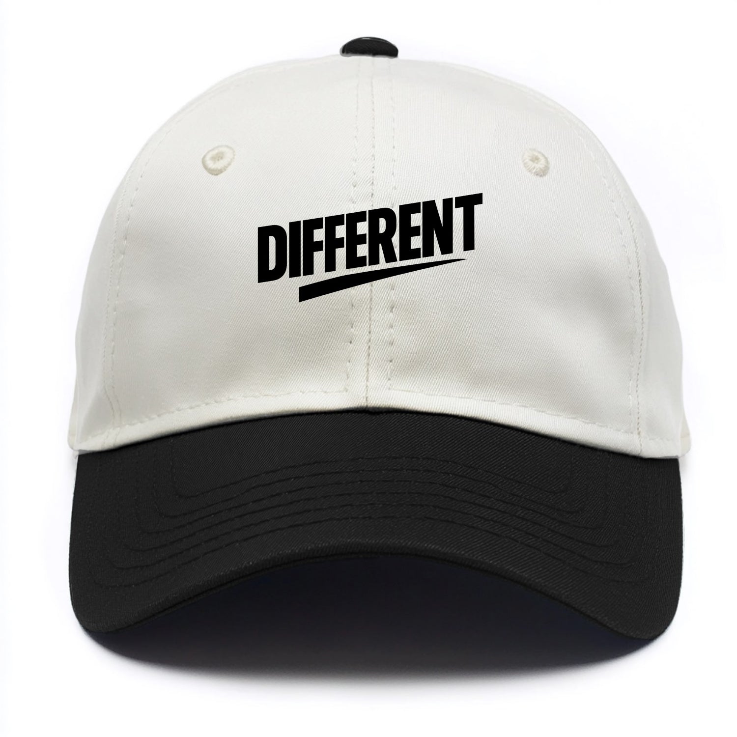 Bold typography design - "DIFFERENT" - standing out, not following crowd - Two Tone Cap - Black