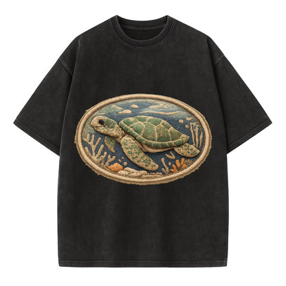 SEA TURTLE - swimming turtle in green and blue , ocean life - Vintage T-shirt - Black