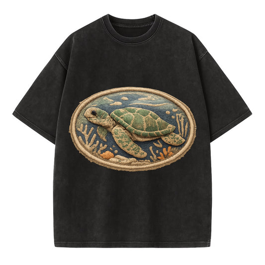 SEA TURTLE - swimming turtle in green and blue , ocean life - Vintage T-shirt - Black
