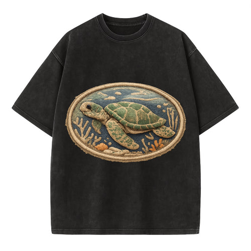 SEA TURTLE - swimming turtle in green and blue , ocean life - Vintage T-shirt
