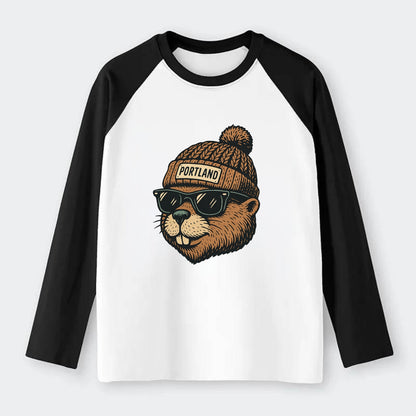 Portland Beaver wearing Portland beanie with pom pom and wayfarer - Raglan Long Sleeve T-Shirt - Black