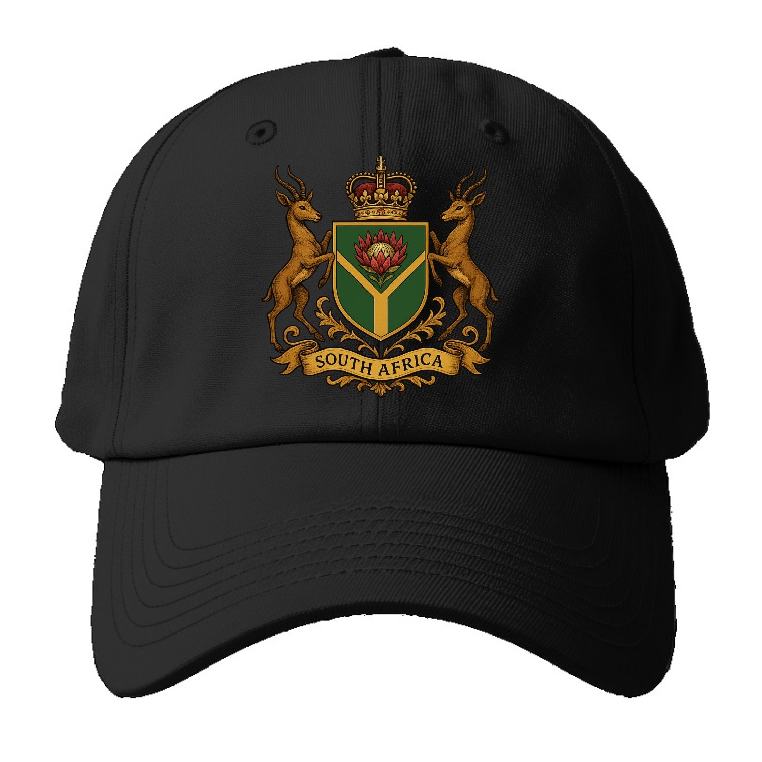 South Africa Springbok Emblem (springbok With Protea, Green/gold Shield) Baseball Cap - Black
