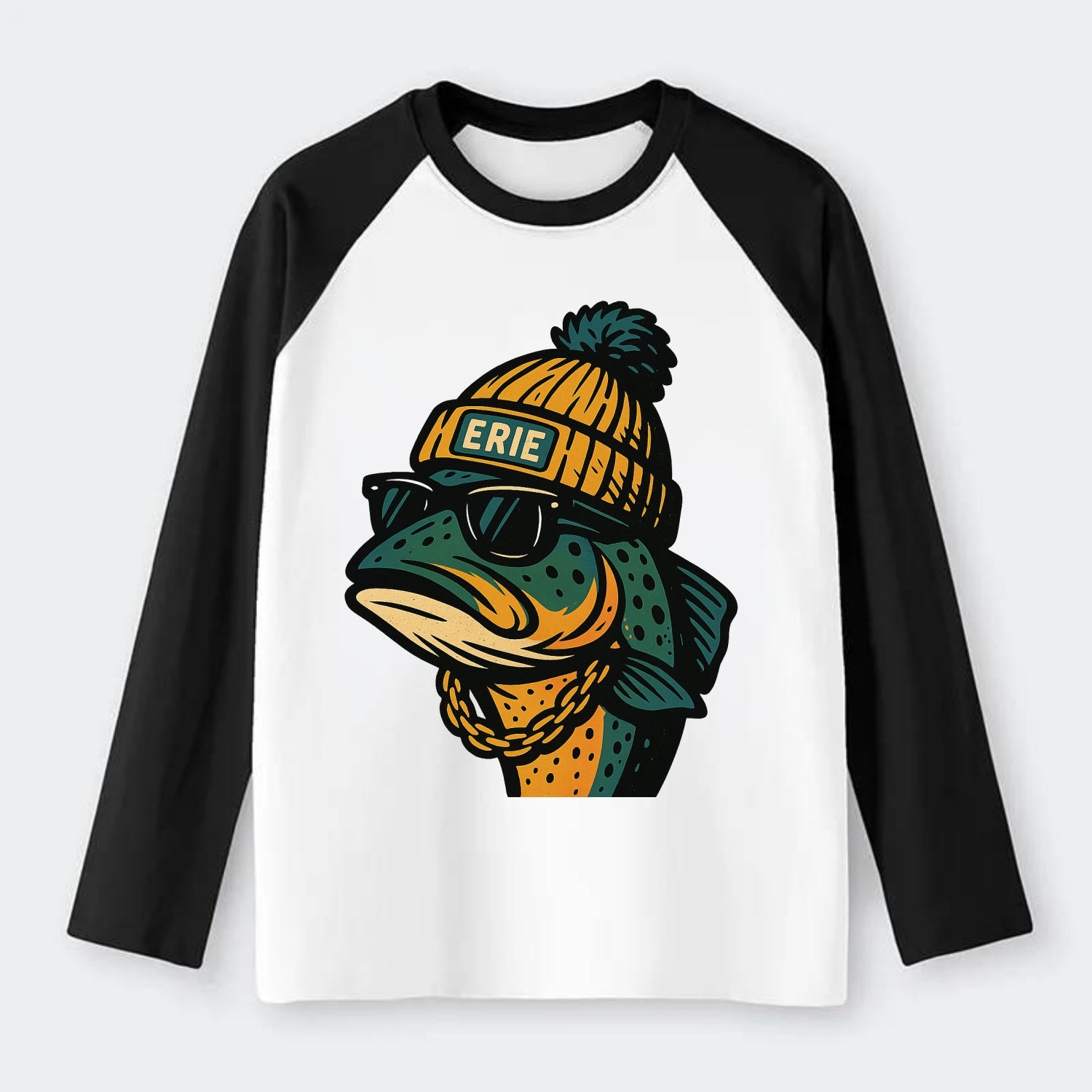 Erie Lake Trout wearing Erie beanie with pom pom and wayfarer - Raglan Long Sleeve T-Shirt - Black