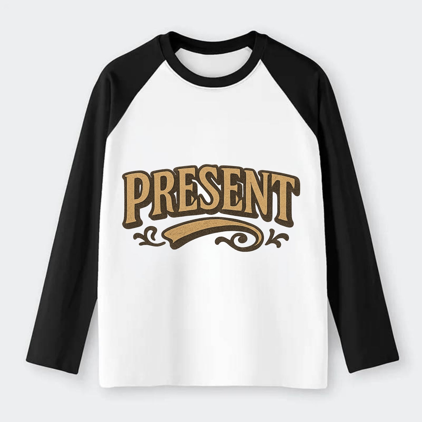 Bold typography design - "PRESENT" - living in the now - Raglan Long Sleeve T-Shirt - Black