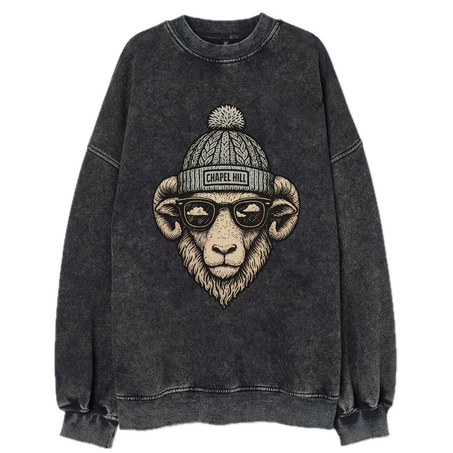 Chapel Hill Tar Heel Ram wearing UNC bea - Vintage Sweatshirt - Black