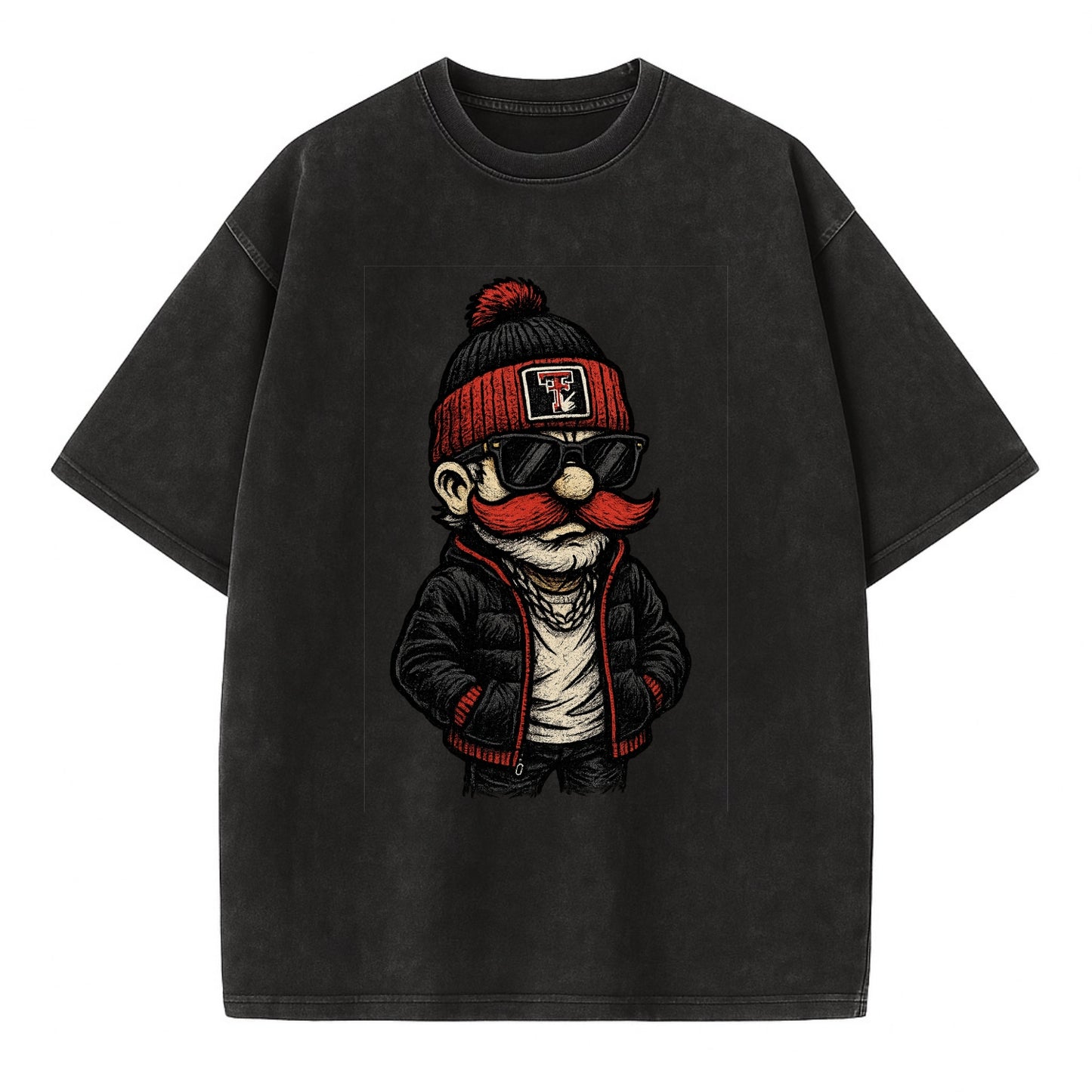 Lubbock Raider wearing Texas Tech beanie with guns up patch - Vintage T-shirt - Black