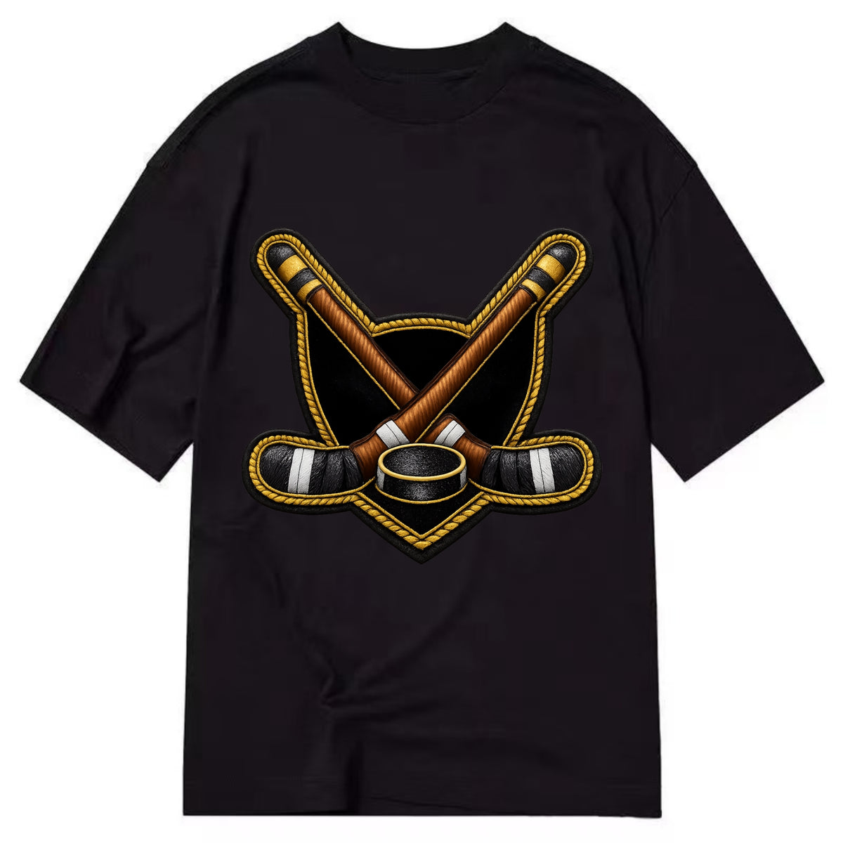 Embroidered patch design - HOCKEY CROSSED STICKS - ice hockey sticks with puck in - Classic T-shirt - Black