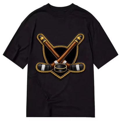 Embroidered patch design - HOCKEY CROSSED STICKS - ice hockey sticks with puck in - Classic T-shirt - Black