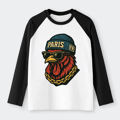 Paris Rooster - Raglan Long Sleeve T-Shirt - Black