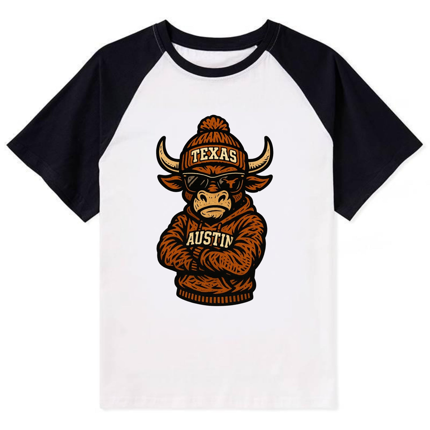 Austin Bevo wearing Texas beanie with longhorn patch - Contrast Raglan T-shirt - Black