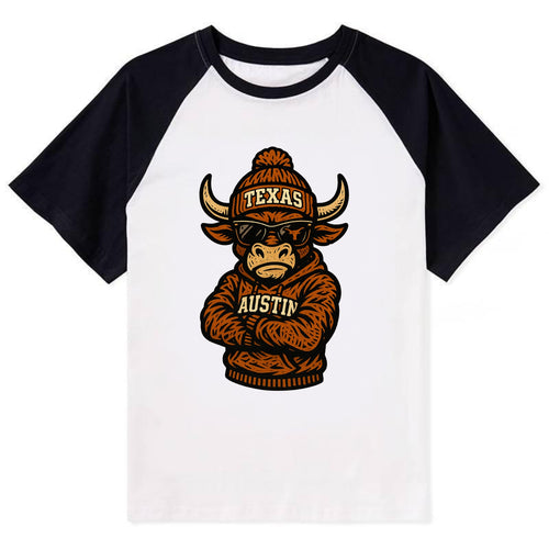 Austin Bevo wearing Texas beanie with longhorn patch - Contrast Raglan T-shirt