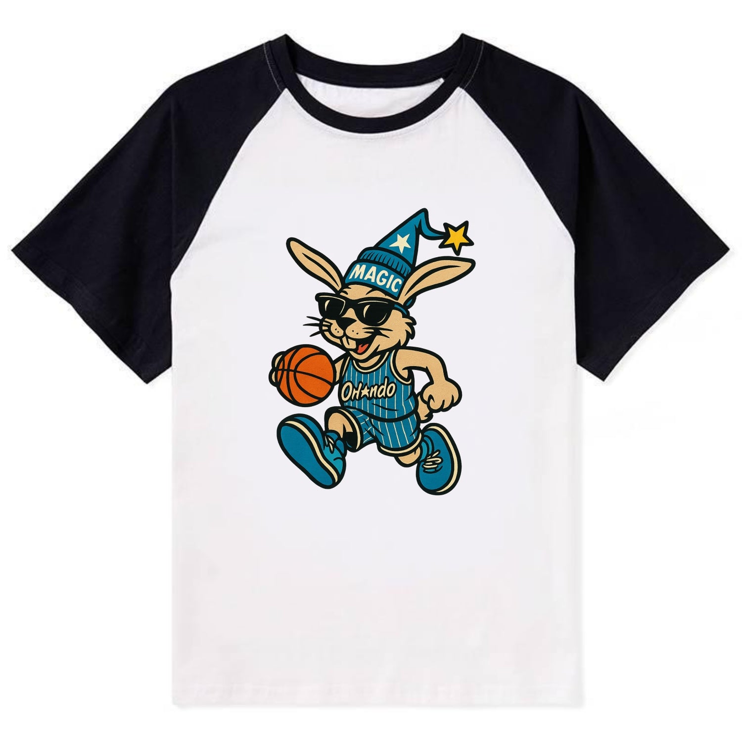 Orlando Rabbit wearing Magic blue and silver beanie with wizard hat and - Contrast Raglan T-shirt - Black