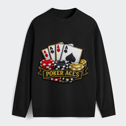 Embroidered patch design - POKER ACES - four aces with chips in red, - Classic Long Sleeve Shirt - Black