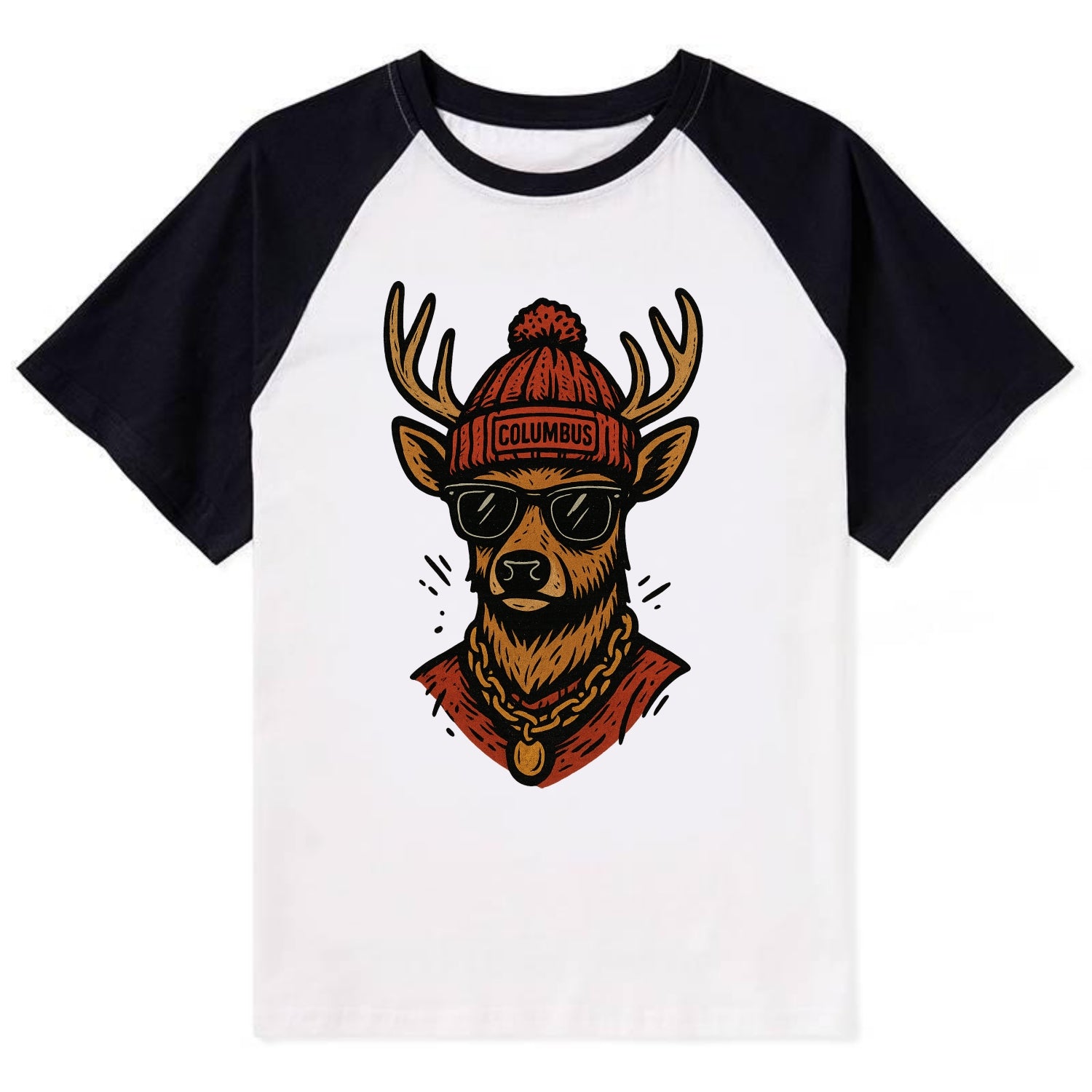 Columbus White-tailed Deer wearing Columbus beanie with pom pom and - Contrast Raglan T-shirt - Black