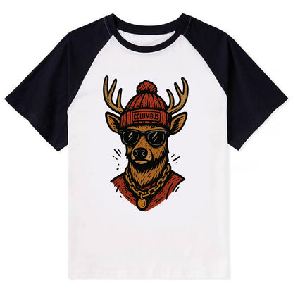 Columbus White-tailed Deer wearing Columbus beanie with pom pom and - Contrast Raglan T-shirt - Black