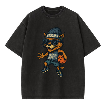 French Quarter Cat wearing Pelicans beanie with Mardi Gras patch and wayfarer - Vintage T-shirt - Black