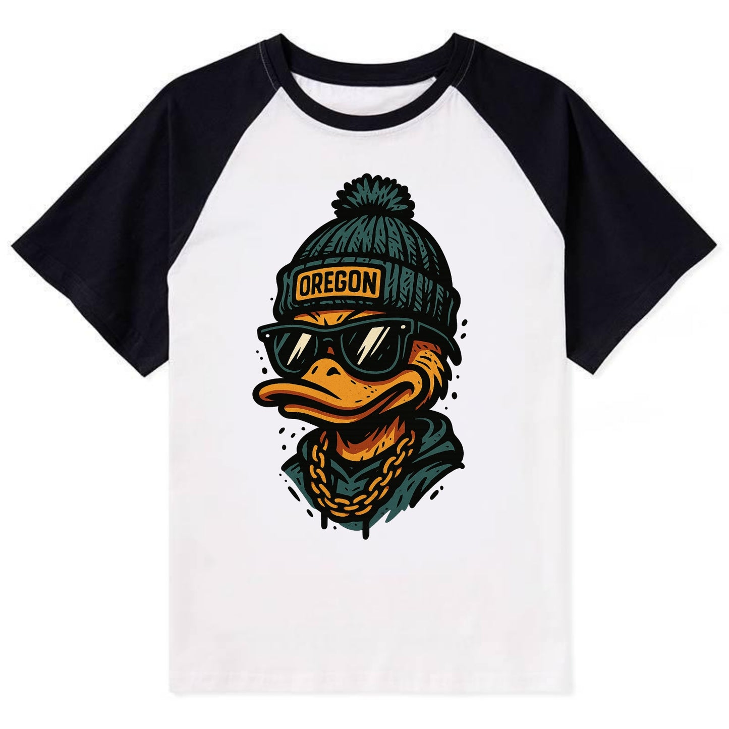 Eugene Duck wearing Oregon beanie with p - Contrast Raglan T-shirt - Black