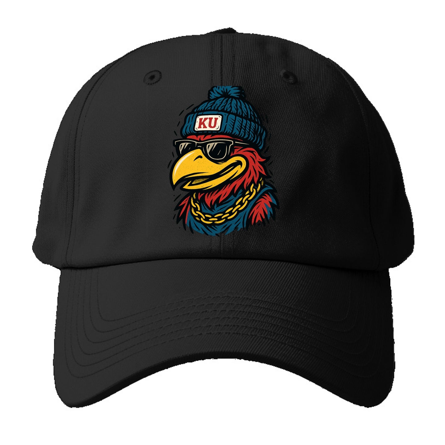 Lawrence Jayhawk wearing Kansas beanie with KU patch - Baseball Cap For Big Heads - Black