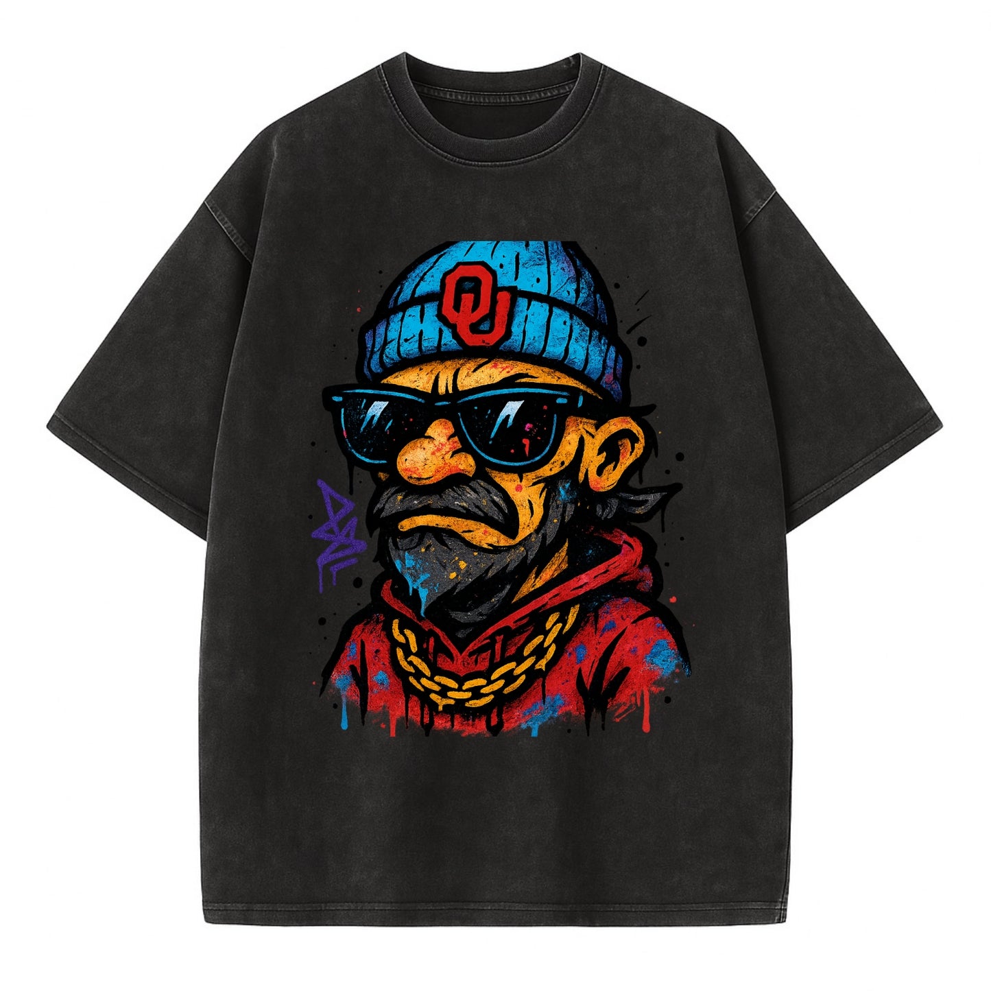 Norman Sooner wearing Oklahoma beanie with OU patch - Vintage T-shirt - Black