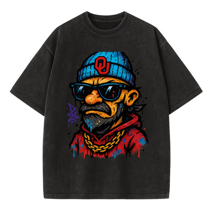 Norman Sooner wearing Oklahoma beanie with OU patch - Vintage T-shirt - Black