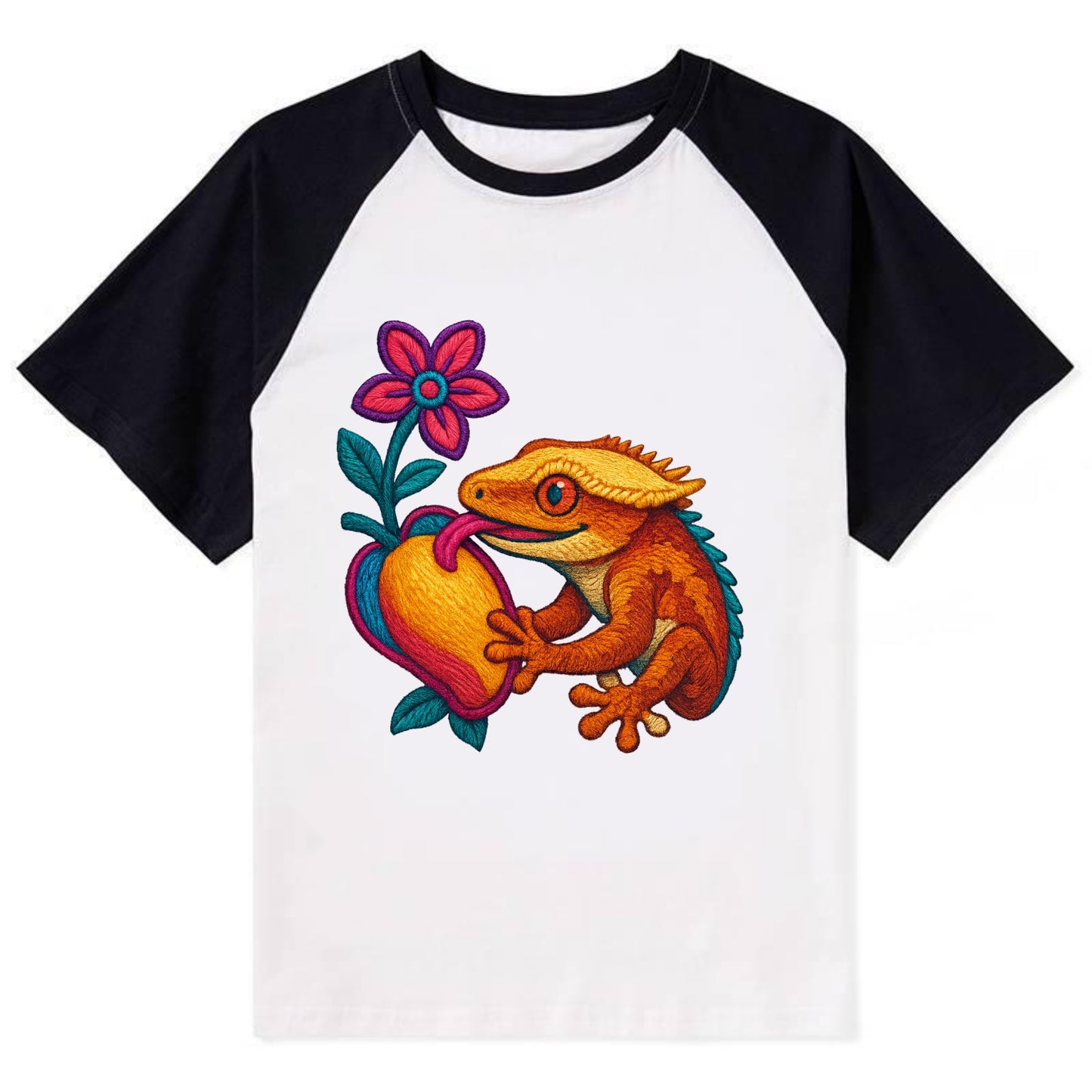Crested Gecko - Contrast Raglan T-shirt - Black