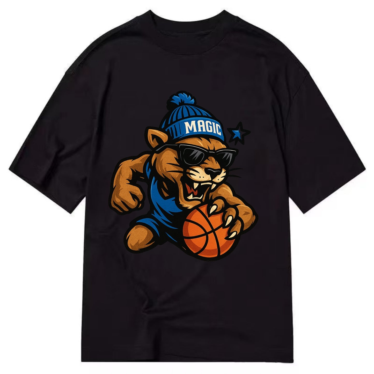 Florida Panther wearing Magic beanie with star wand patch and wayfarer sunglasses - Classic T-shirt - Black