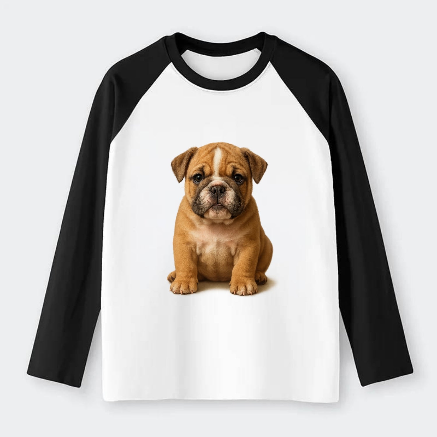 Baby Bulldog Puppy - wrinkly face, underbite, stocky body, gentle - Raglan Long Sleeve T-Shirt - Black