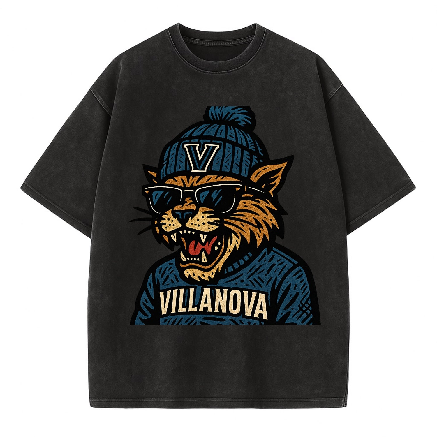 Villanova Wildcat wearing Villanova beanie with V patch - Vintage T-shirt - Black