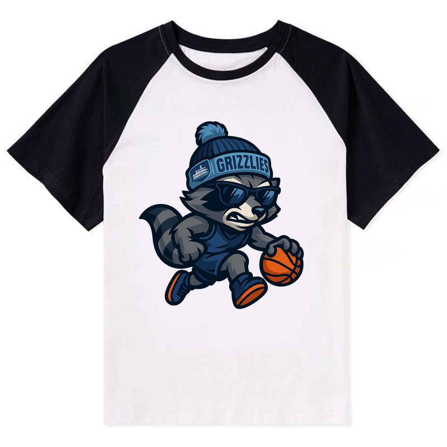 Memphis Raccoon wearing Grizzlies beanie with riverboat patch and - Contrast Raglan T-shirt - Black