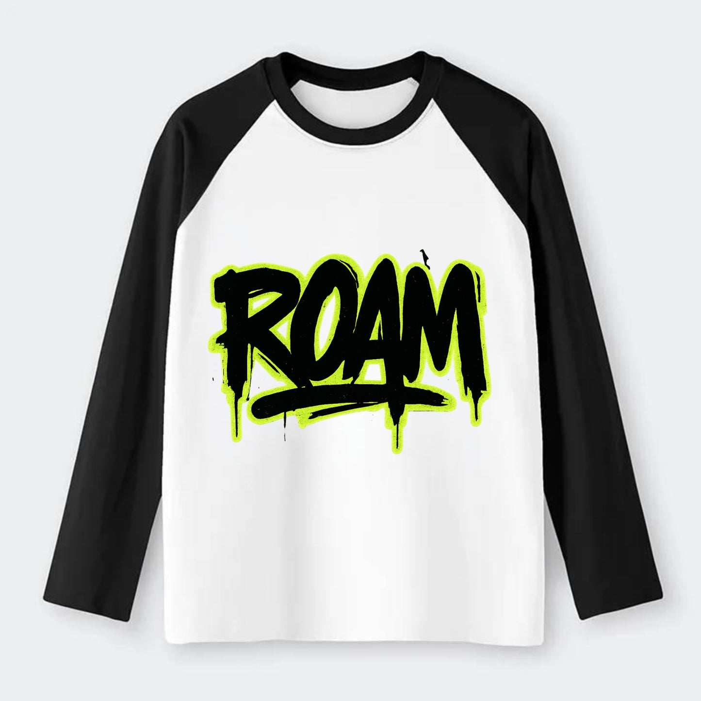 Bold typography design - "ROAM" - wander freely, no destination needed - Raglan Long Sleeve T-Shirt - Black