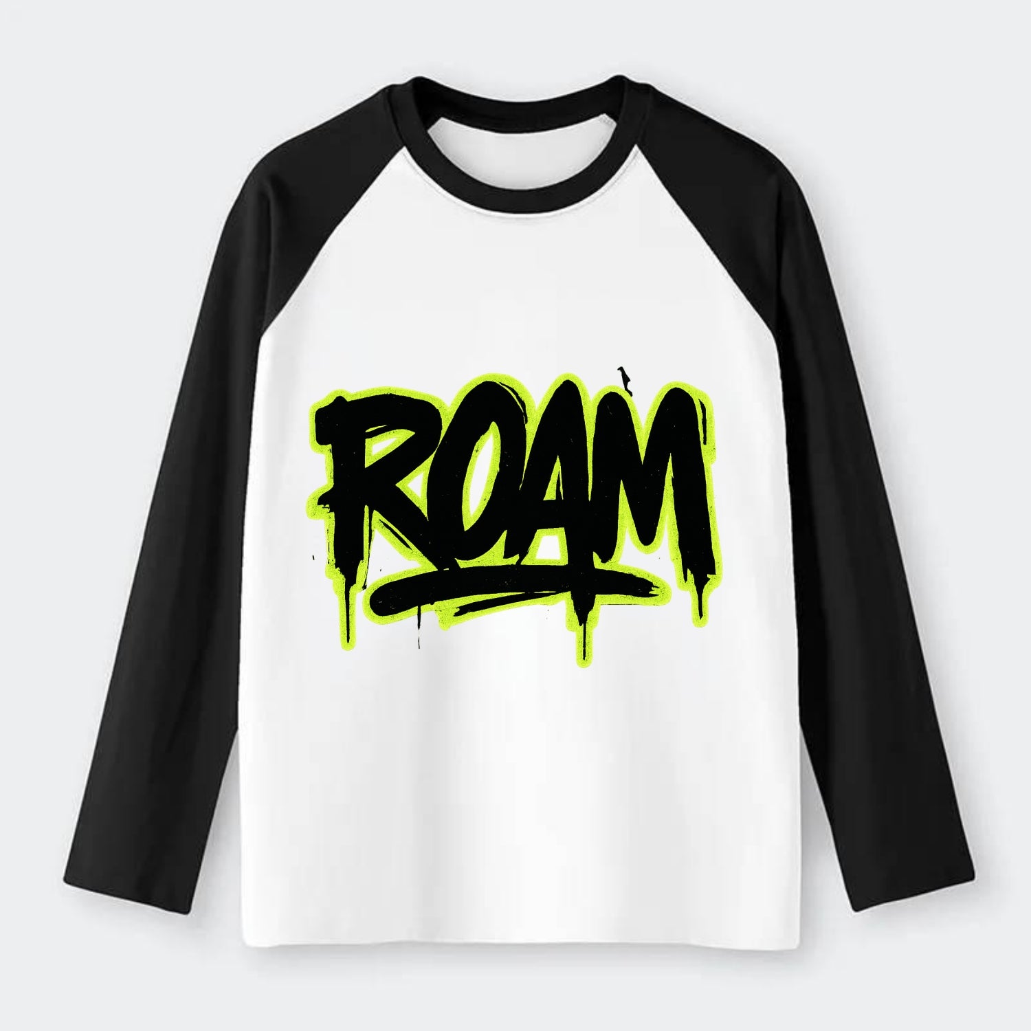 Bold typography design - "ROAM" - wander freely, no destination needed - Raglan Long Sleeve T-Shirt - Black