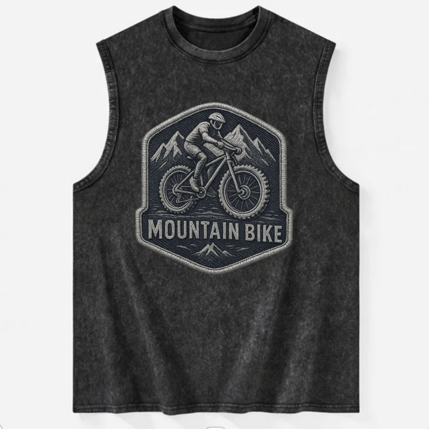 Mountain bike with rugged tires - cyclist badge - Vintage Washed Tank - Black