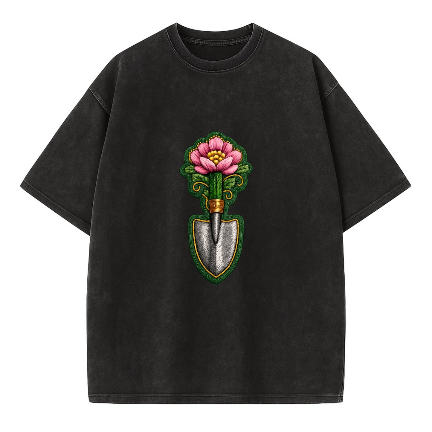 Embroidered patch design - GARDENING TROWEL FLOWER - garden tool with blooming - Vintage T-shirt - Black