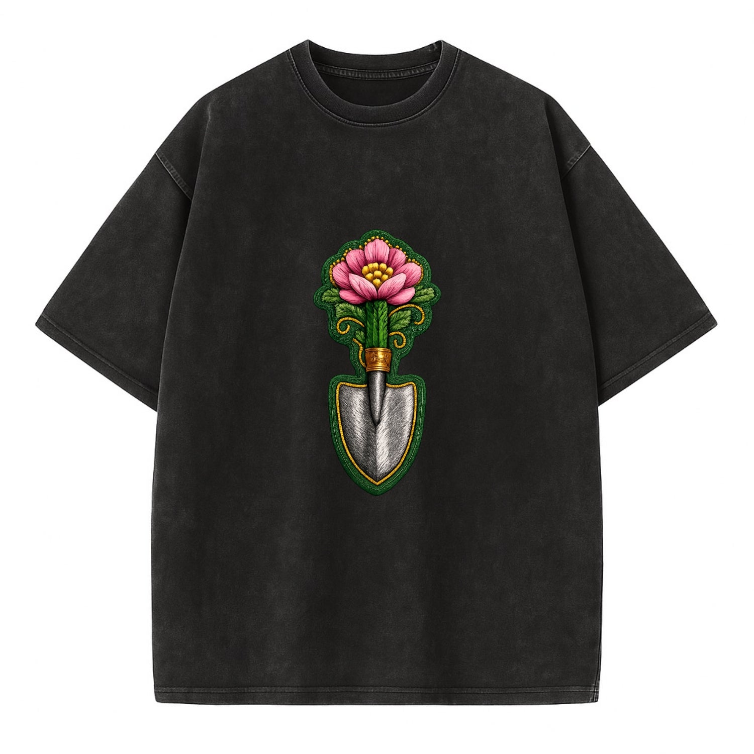 Embroidered patch design - GARDENING TROWEL FLOWER - garden tool with blooming - Vintage T-shirt - Black
