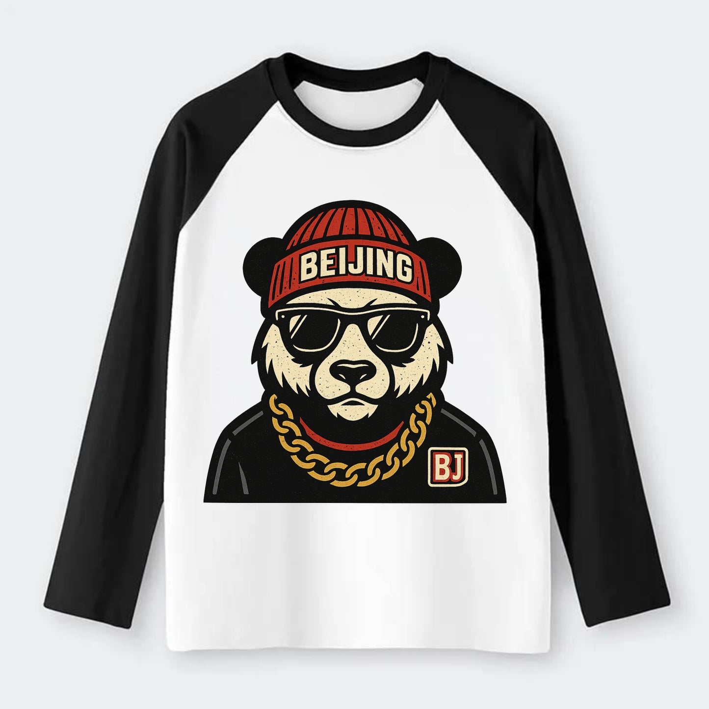 Beijing Panda - Raglan Long Sleeve T-Shirt - Black