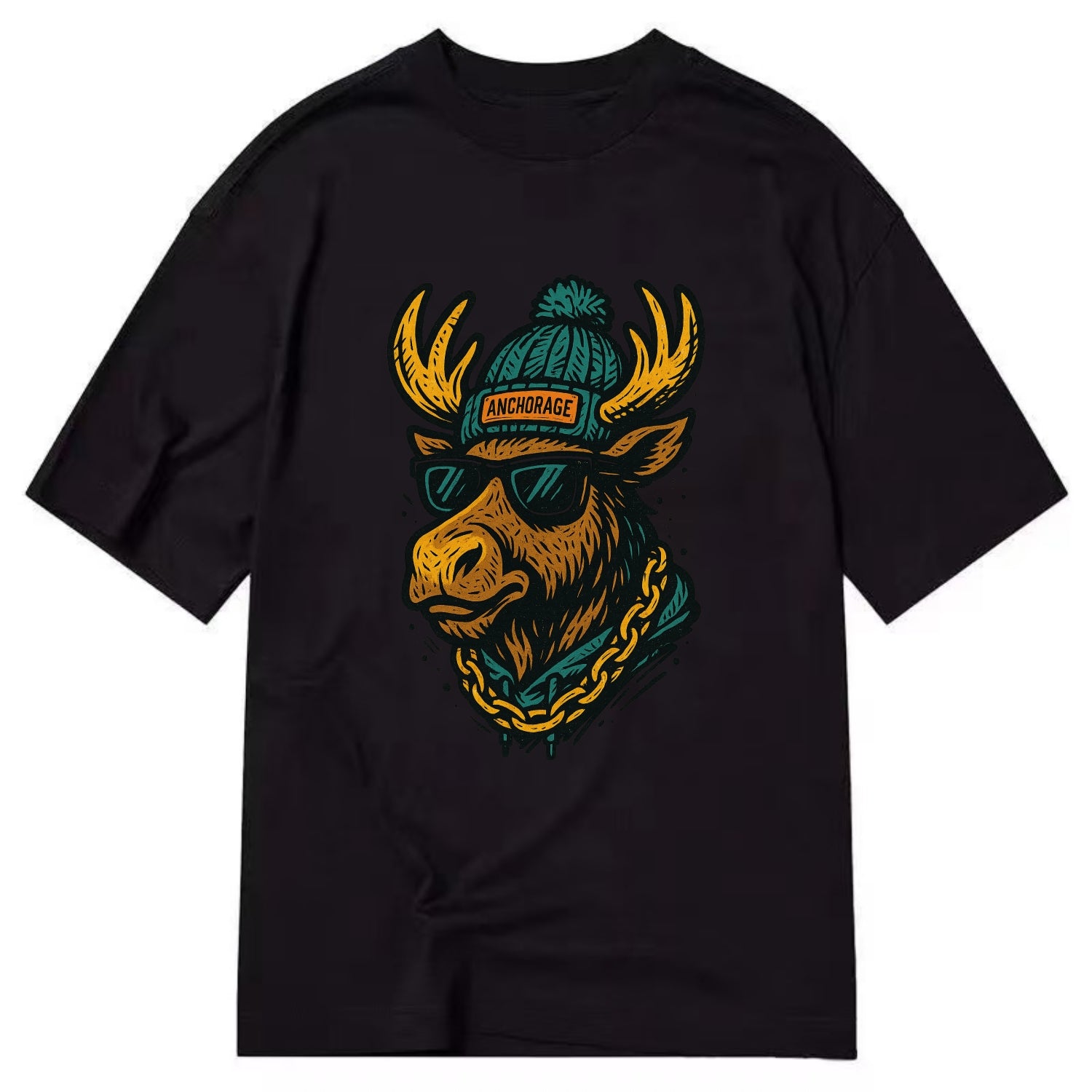 Alaska Moose wearing Anchorage beanie with pom pom and wayfarer sunglasses - Classic T-shirt - Black
