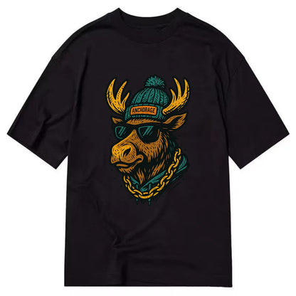 Alaska Moose wearing Anchorage beanie with pom pom and wayfarer sunglasses - Classic T-shirt - Black