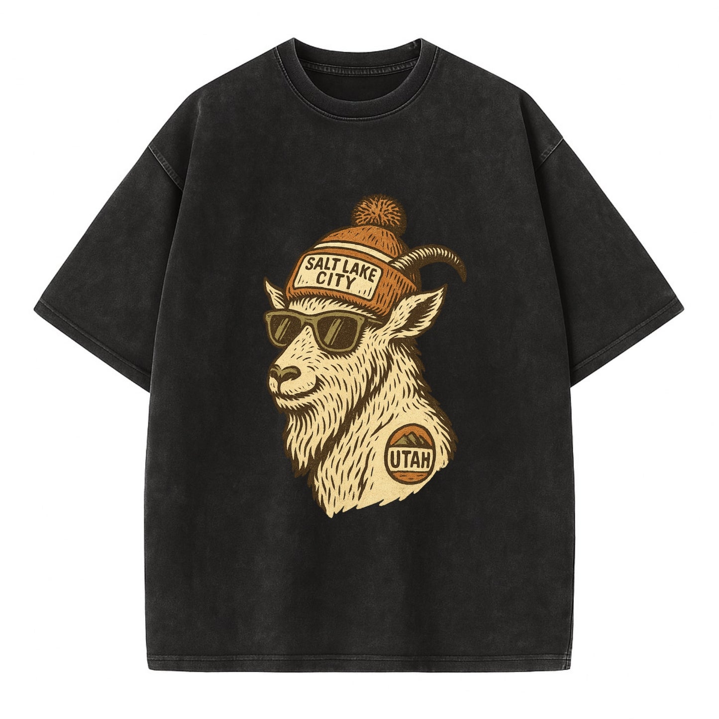 Utah Mountain Goat wearing Salt Lake City beanie with pom pom and wayfarer - Vintage T-shirt - Black