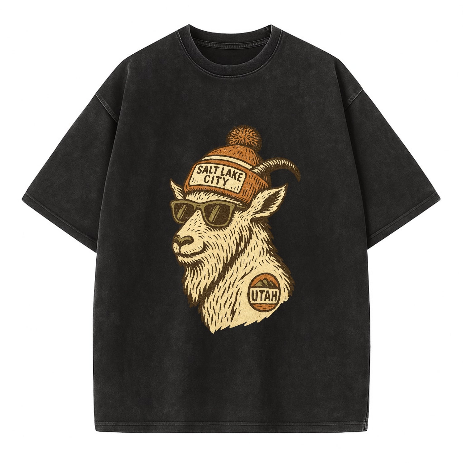 Utah Mountain Goat wearing Salt Lake City beanie with pom pom and wayfarer - Vintage T-shirt - Black