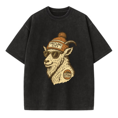Utah Mountain Goat wearing Salt Lake City beanie with pom pom and wayfarer - Vintage T-shirt - Black