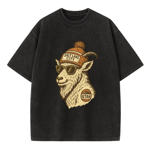 Utah Mountain Goat wearing Salt Lake City beanie with pom pom and wayfarer - Vintage T-shirt